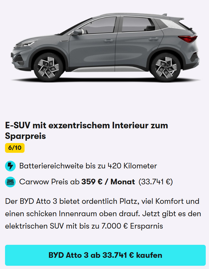 BYD Atto 3 on sale August 2025 Car Card